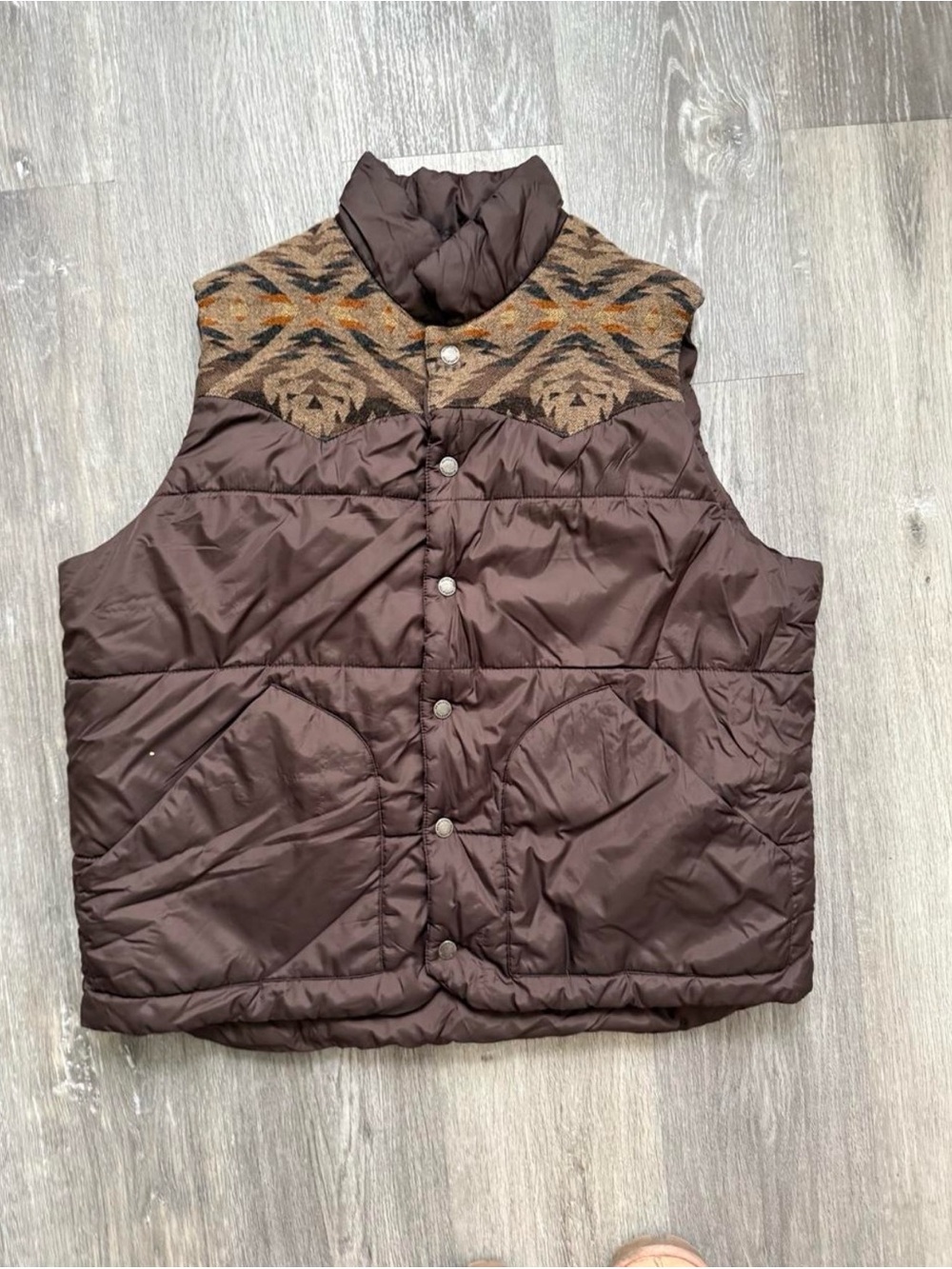 Men's Brown Pendleton Quilted Puffer Vest with Patterned Yoke